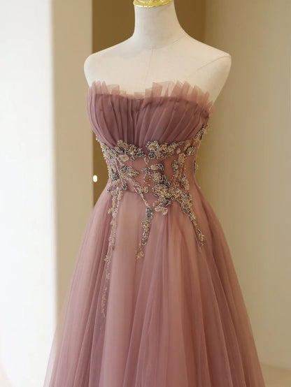 Stylish A line Strapless Dusty Pink Tulle Long Prom Dresses Inspiration Evening Gowns Formal Party Prom Dress N198