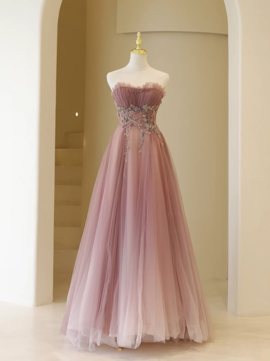 Stylish A line Strapless Dusty Pink Tulle Long Prom Dresses Inspiration Evening Gowns Formal Party Prom Dress N198