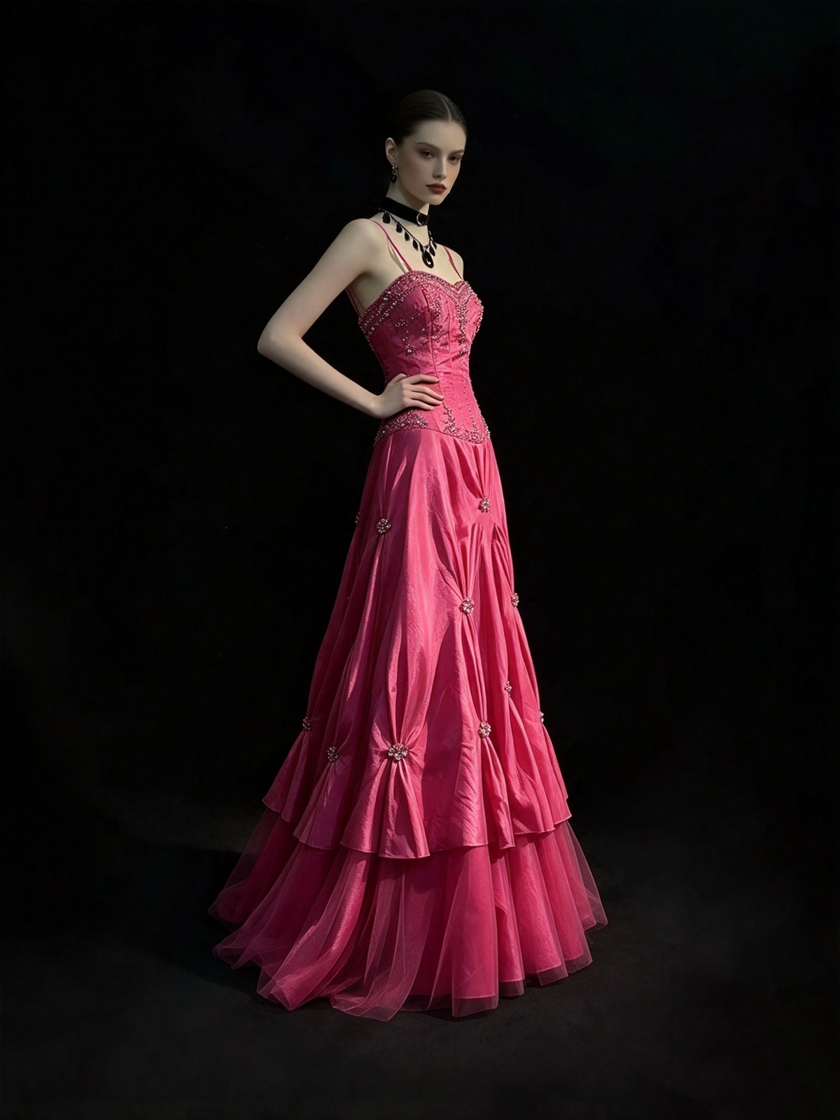 Vintage Prom Dresses A line Spaghetti Strap Taffeta Pink With Silver Beads 1950s Long Formal Gown N2595