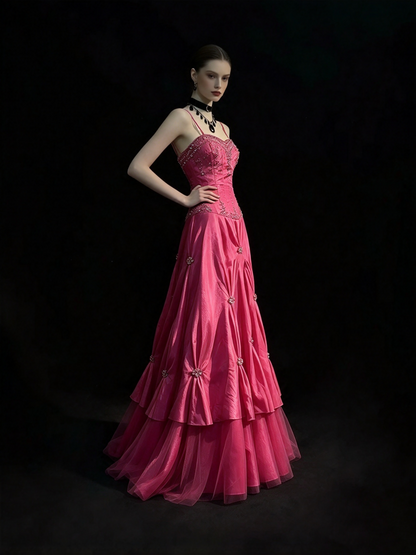 Vintage Prom Dresses A line Spaghetti Strap Taffeta Pink With Silver Beads 1950s Long Formal Gown N2595