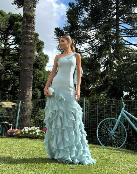 Simple Mermaid One Shoulder Light Sky Blue Chiffon With Ruffles Long Prom Dresses Impress Wedding Guest Dress Party Gown N289