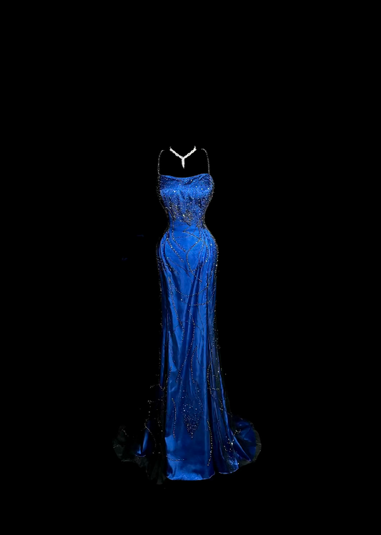 Unique Prom Dresses Mermaid Spaghetti Strap Royal Blue Sleeveless With Beading Semi Formal Evening Dress N3793
