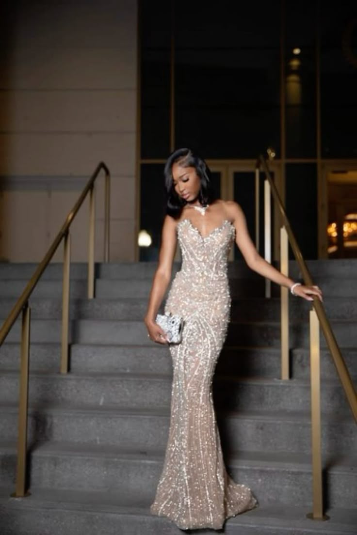 Sparkly Mermaid Sweetheart Sequined Champagne For Black Girls People Prom Dresses Long Evening Formal Gown BirthdayParty Gowns N373