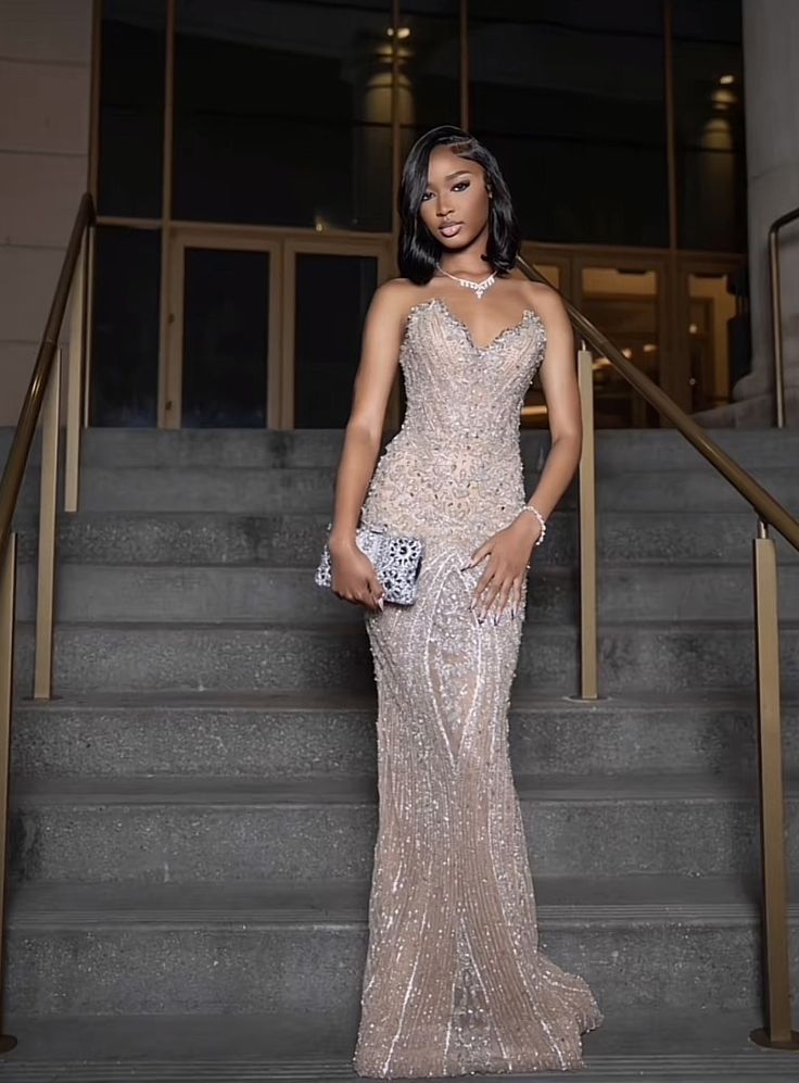 Sparkly Mermaid Sweetheart Sequined Champagne For Black Girls People Prom Dresses Long Evening Formal Gown BirthdayParty Gowns N373