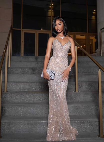 Sparkly Mermaid Sweetheart Sequined Champagne For Black Girls People Prom Dresses Long Evening Formal Gown BirthdayParty Gowns N373