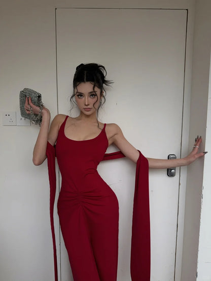Unique Mermaid Spaghetti Strap Bright Red With Scarf Long Prom Dresses Inspiration Birthday Gowns Formal Evening Dress N464