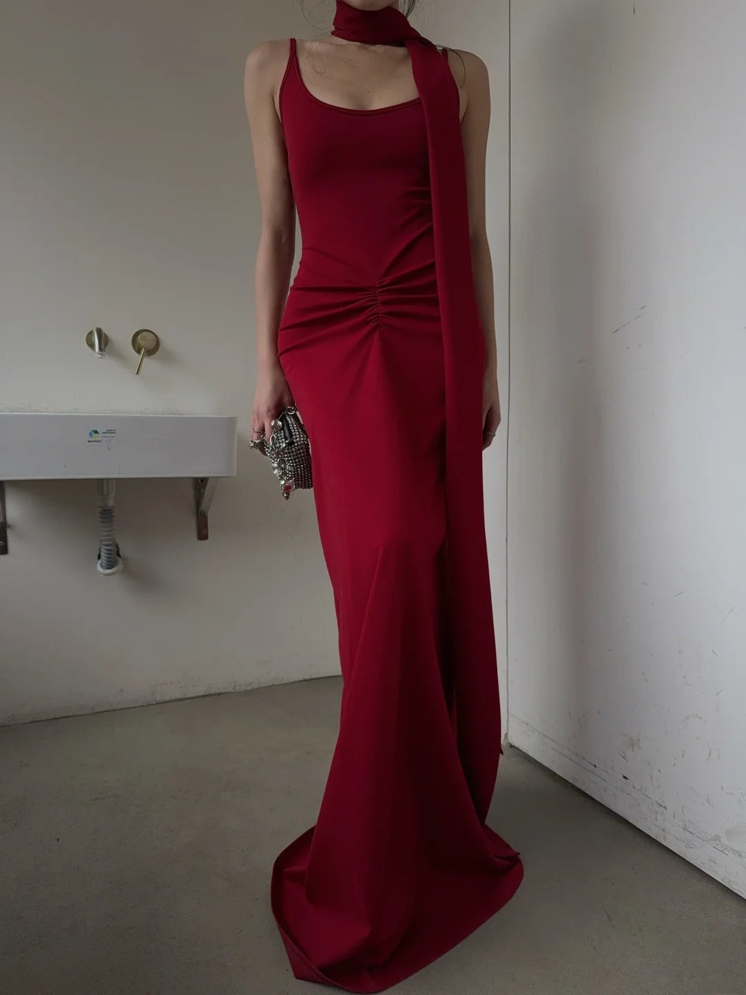 Simple Mermaid Spaghetti Straps Red With Scarf Long Prom Dresses Aesthetic Formal Dress Party Outfits N403