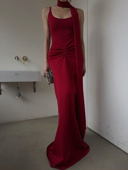 Simple Mermaid Spaghetti Straps Red With Scarf Long Prom Dresses Aesthetic Formal Dress Party Outfits N403