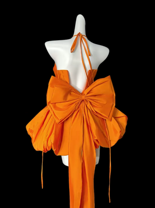 Elegant Ball Gown Halter Orange Slim Fit Short Satin Mini Party Dress Homecoming Dresses N4298