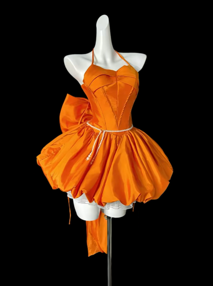 Elegant Ball Gown Halter Orange Slim Fit Short Satin Mini Party Dress Homecoming Dresses N4298