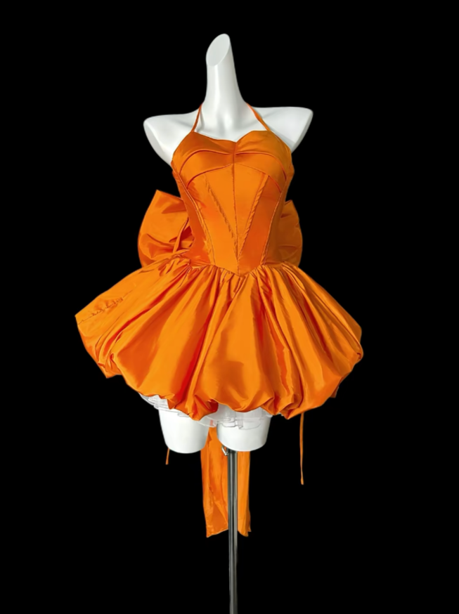 Elegant Ball Gown Halter Orange Slim Fit Short Satin Mini Party Dress Homecoming Dresses N4298