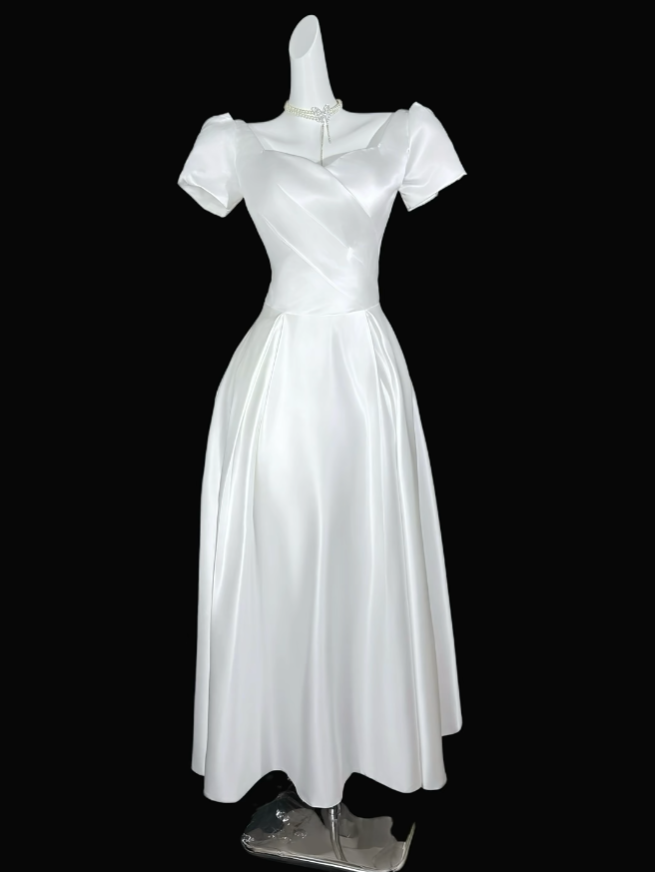 Charming A line Sweetheart White With Sleeves Satin Summer 20th Birthday Elegant Outfit Wedding Guest Dresses N4300