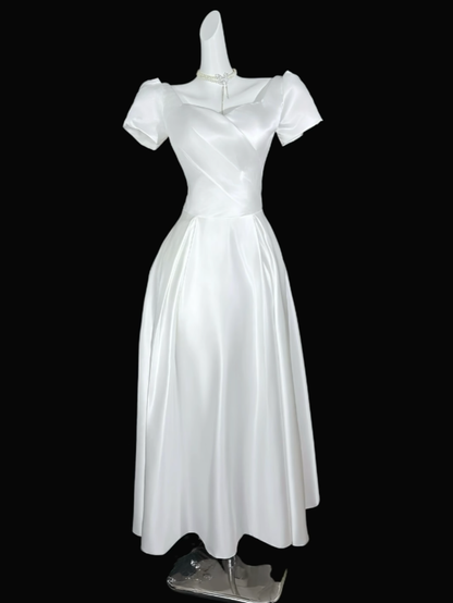 Charming A line Sweetheart White With Sleeves Satin Summer 20th Birthday Elegant Outfit Wedding Guest Dresses N4300