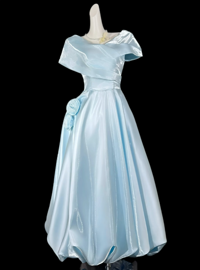 Charming A line Off The Shoulder Light Sky Blue With Sleeves Satin Summer Birthday Elegant Outfit Wedding Guest Dresses N4301
