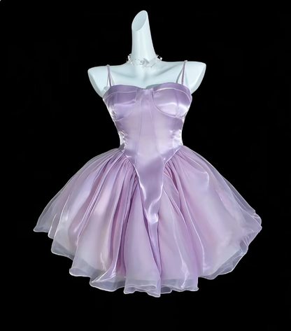 Cute Ball Gowns Spaghetti Strap Lilac Short Satin Mini Party Dress Homecoming Dresses N4306
