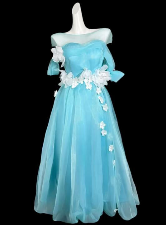 Cute A line Off The Shoulder Blue With Sleeves Satin Summer Birthday Elegant Outfit Wedding Guest Dresses N4310