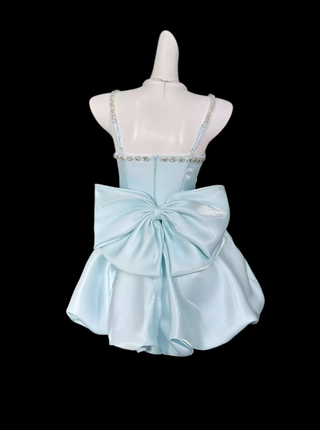 Cute Ball Gowns Spaghetti Strap Light Sky Blue Short With Bow-knot Mini Party Dress Homecoming Dresses N4313