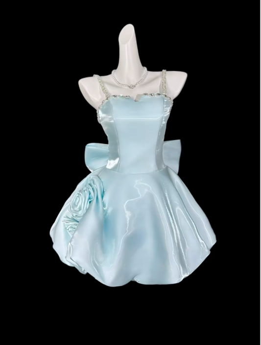 Cute Ball Gowns Spaghetti Strap Light Sky Blue Short With Bow-knot Mini Party Dress Homecoming Dresses N4313