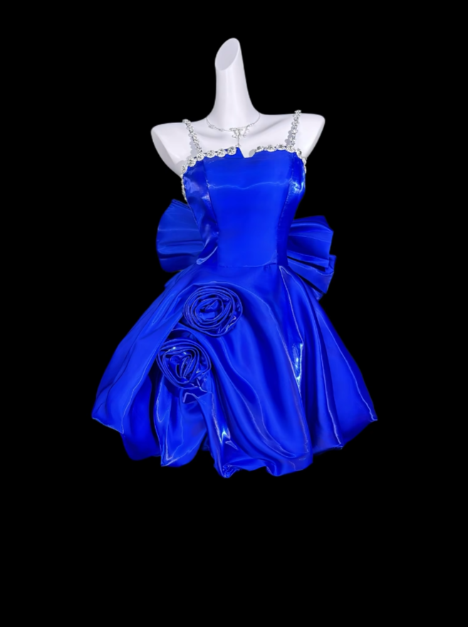 Cute Ball Gowns Spaghetti Strap Royal Blue Short With Bow-knot Mini Party Dress Homecoming Dresses N4318