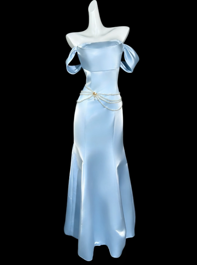 Cute Mermaid Off The Shoulder Blue With Sleeves Summer Birthday Elegant Outfit Wedding Guest Dresses N4321