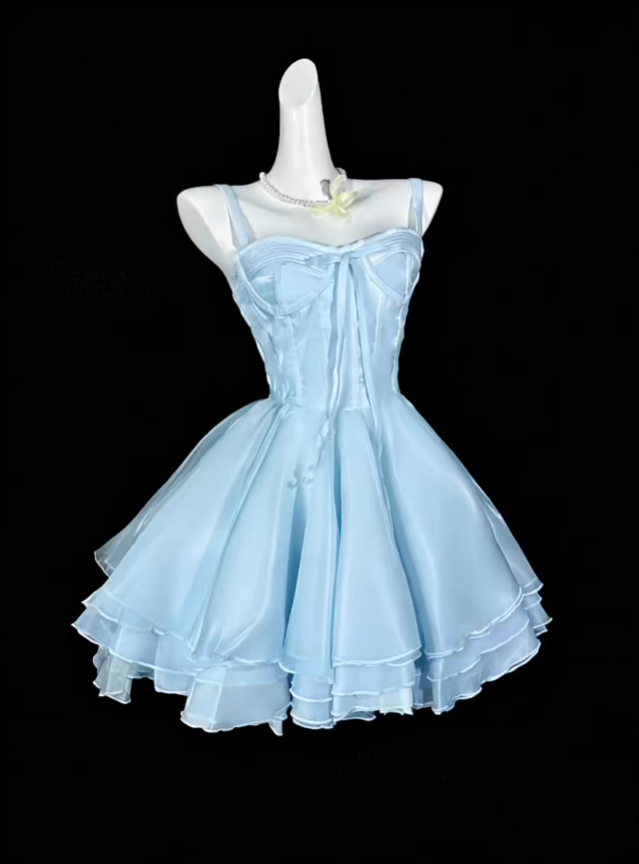 Sweet Ball Gown Spaghetti Strap Blue Short Mini Party Cocktail Homecoming Dresses N4331