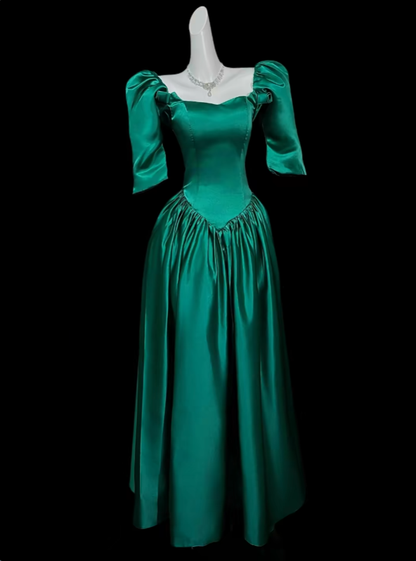 A Line Square Neck Green Satin With Sleeves Summer Birthday Elegant Outfit Wedding Guest Dresses N4337
