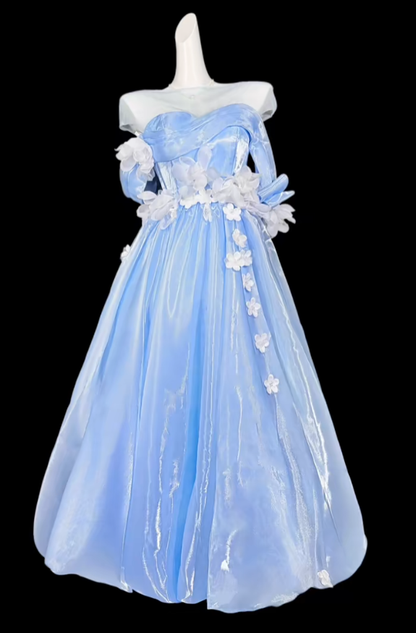 Sweet Ball Gowns Off The Shoulder Blue With Ruffled Long Evening Dresses Night Date Prom Dress For Women N4367
