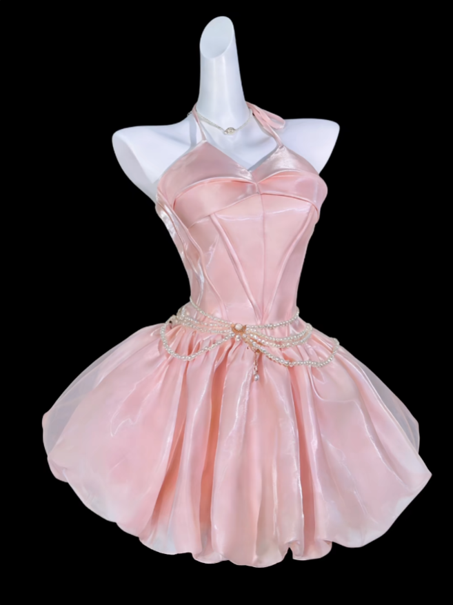 Sweet Ball Gown Halter Pink Sleeveless Short Mini Party Cocktail Homecoming Dresses N4370