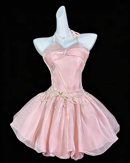 Sweet Ball Gown Halter Pink Sleeveless Short Mini Party Cocktail Homecoming Dresses N4370