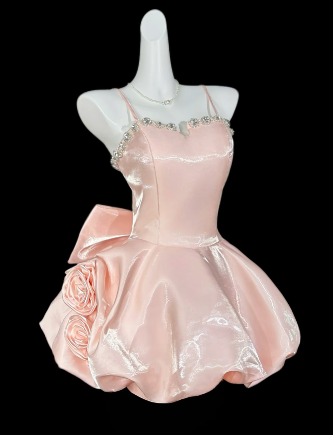 Sweet Ball Gown Spaghetti Strap Short Mini With Beading Pink Party Cocktail Homecoming Dresses N4374