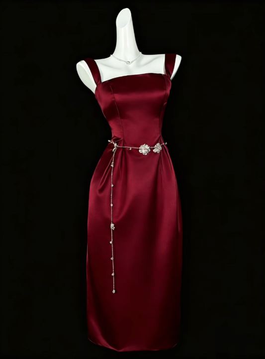 Modest Sheath Square Neck Burgundy Satin Long Evening Dresses Night Date Prom Dress For Women N4392
