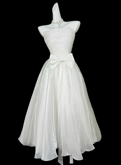 Modest Ball Gown Strapless White Tea Length Evening Dresses Night Date Prom Dress For Women N4393