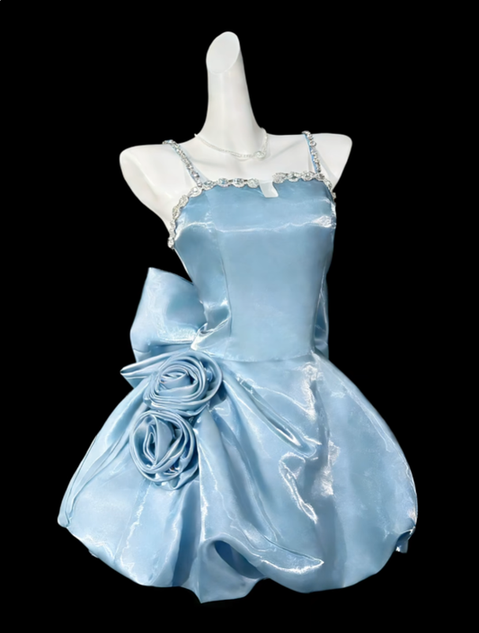 Sweet Ball Gown Spaghetti Strap Short Mini With Beading Light Blue Party Cocktail Homecoming Dresses N4399