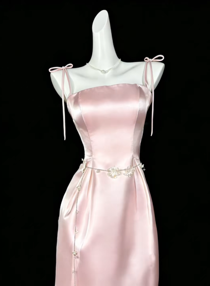 Modest Sheath Spaghetti Strap Pink Tea Length Evening Dresses Night Date Prom Dress For Women N4411