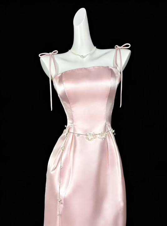 Modest Sheath Spaghetti Strap Pink Tea Length Evening Dresses Night Date Prom Dress For Women N4411