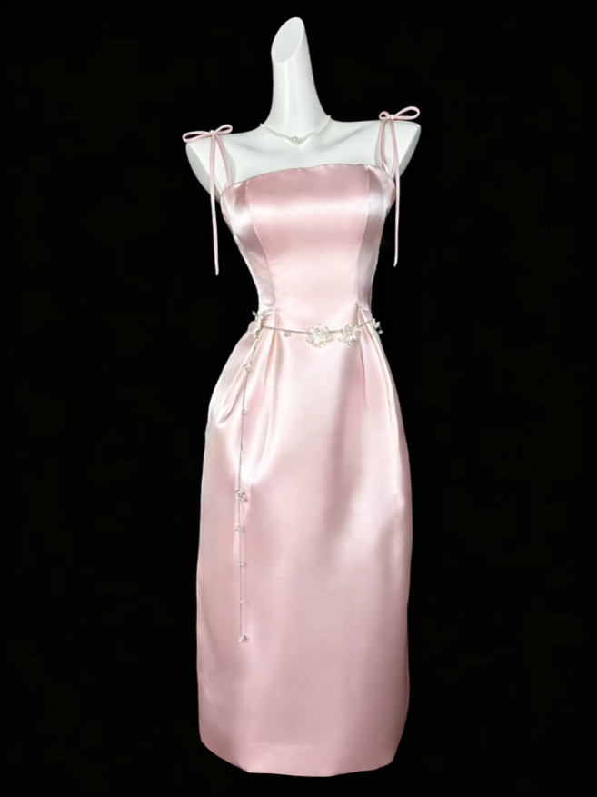Modest Sheath Spaghetti Strap Pink Tea Length Evening Dresses Night Date Prom Dress For Women N4411