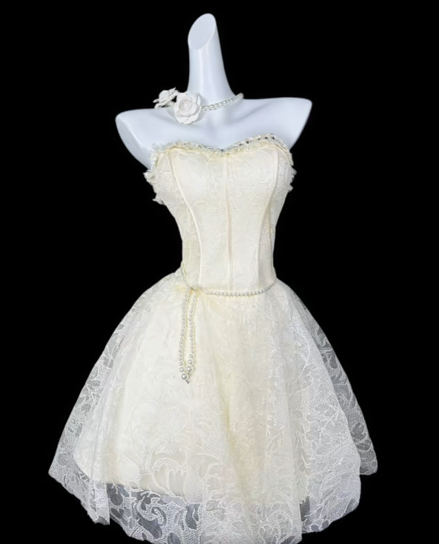 Sweet Ball Gown Sweetheart Light Yellow Lace Party Cocktail Homecoming Dresses N4416