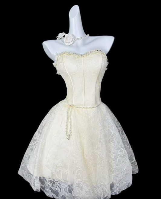 Sweet Ball Gown Sweetheart Light Yellow Lace Party Cocktail Homecoming Dresses N4416