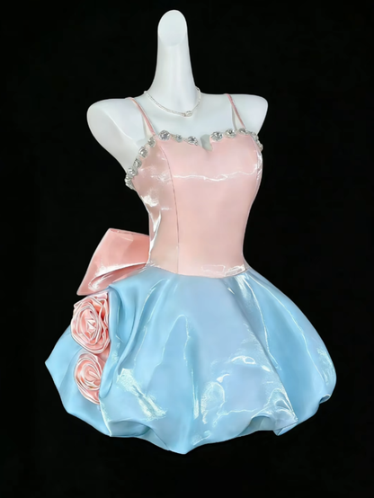 Sweet Ball Gown Spaghetti Strap Blue Pink Organza Short Mini Party Cocktail Homecoming Dresses N4418