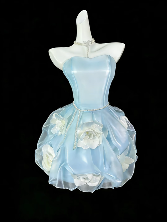 Unique Ball Gowns Sweetheart Light Sky Blue With 3D Flowers Short Mini Party Graduation Homecoming Dresses N4420