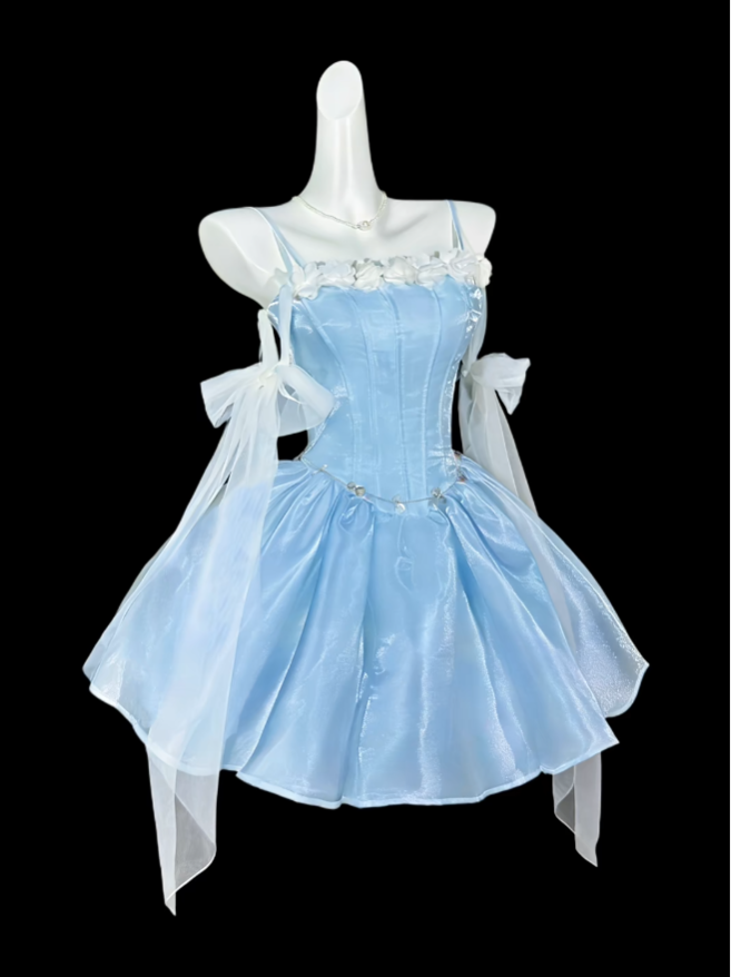 Unique Ball Gowns Spaghetti Strap Blue Short Mini Party Graduation Homecoming Dresses N4425