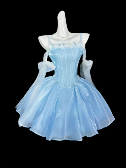 Unique Ball Gowns Spaghetti Strap Blue Short Mini Party Graduation Homecoming Dresses N4425