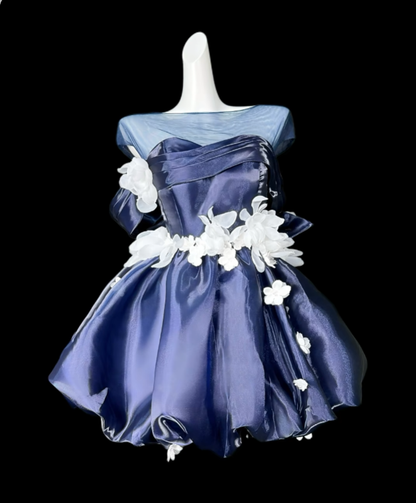 Sweet Ball Gown Off The Shoulder Navy Blue Organza Short Mini Party Cocktail Homecoming Dresses N4429