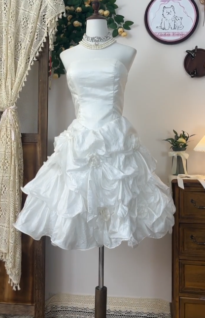 Cute Ball Gown Strapless White Satin Senior Short Hoco Court High School Homecoming Dresses N4568