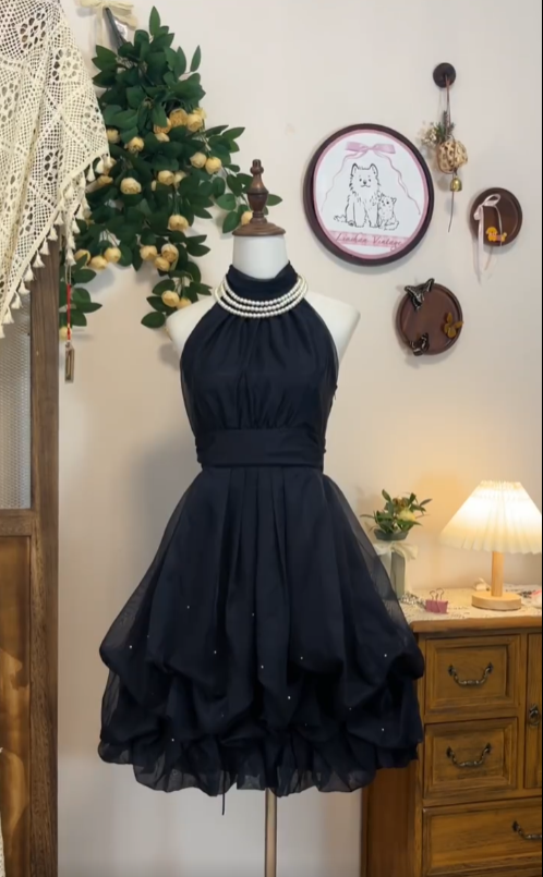 Elegant A line Halter Little Black Dress Tulle Senior Short Graduation High School Homecoming Dresses N4569