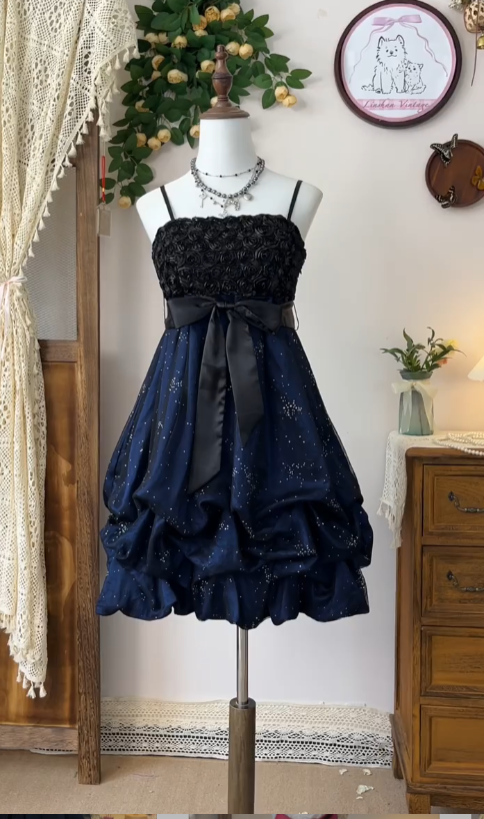 Fancy A Line Spaghetti Strap Navy Blue Black With Flowers Senior Short Graduation High School Homecoming Dresses N4571