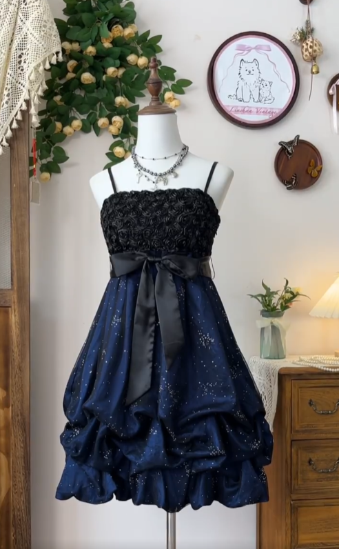 Fancy A Line Spaghetti Strap Navy Blue Black With Flowers Senior Short Graduation High School Homecoming Dresses N4571