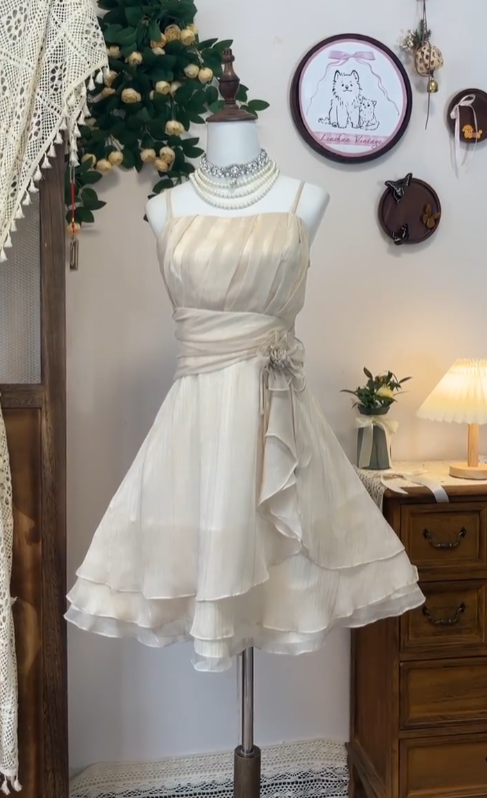Pretty A Line Spaghetti Strap Champagne Chiffon Mini Senior Short Graduation High School Homecoming Dresses N4574