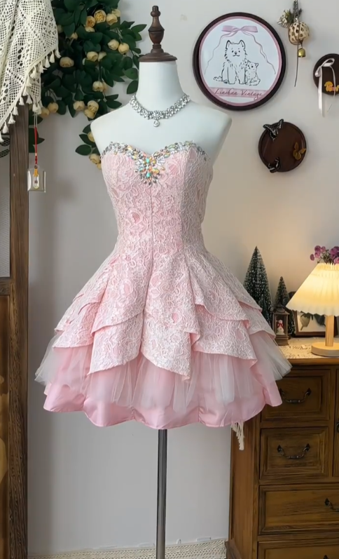 Cute Ball Gown Sweetheart Lace Pink Senior Short Formal Graduation Inspo Homecoming Dresses N4575