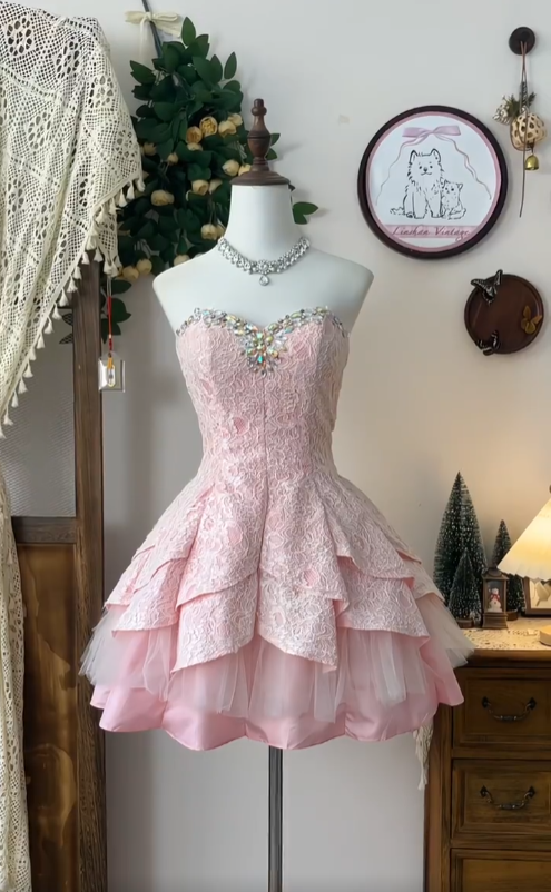 Cute Ball Gown Sweetheart Lace Pink Senior Short Formal Graduation Inspo Homecoming Dresses N4575